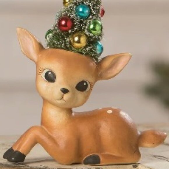 Bethany Lowe Christmas Merry & Bright Resting Reindeer w/ Bottlebrush Tree NEW - Picture 3 of 4